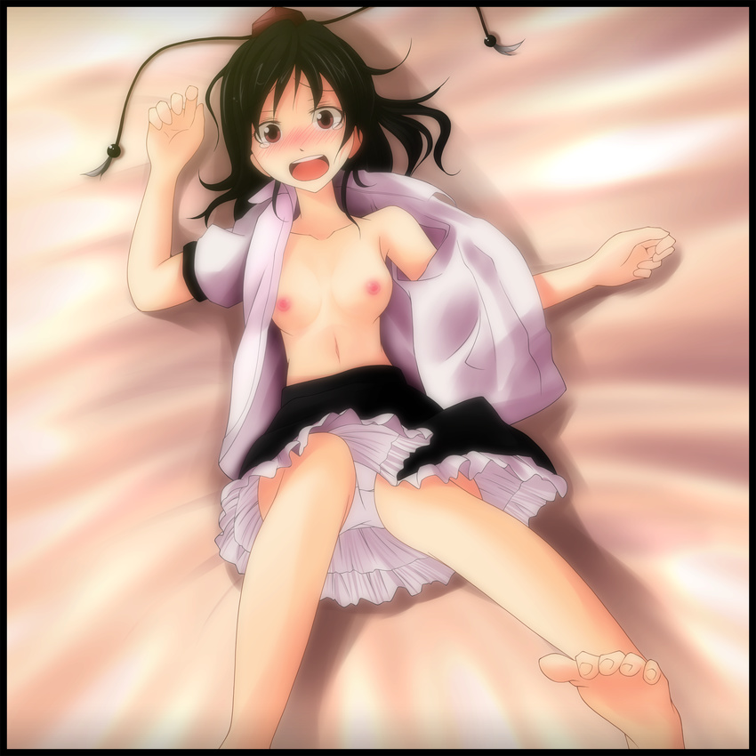 bad_feet bad_id bad_pixiv_id barefoot black_hair blush breasts dress_shirt feet hat highres looking_at_viewer lying nipples no_bra on_back open_clothes open_mouth open_shirt panties red_eyes s-syogo shameimaru_aya shirt short_hair skirt small_breasts solo tears tokin_hat touhou underwear white_panties