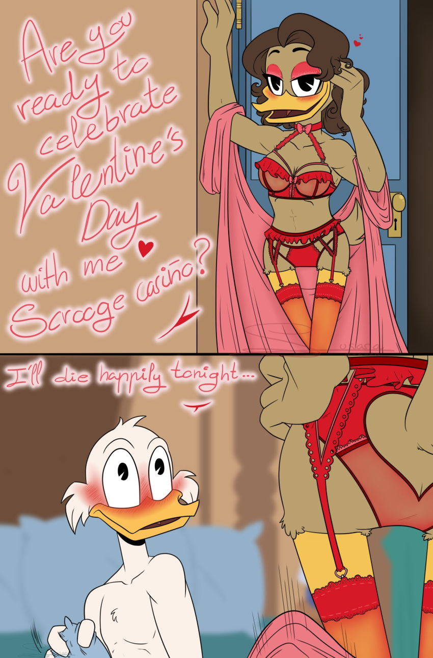 &lt;3 absurd_res anatid anseriform anthro avian bedroom bedroom_eyes bedroom_setting bird bra clothed clothed/nude clothing comic couple_(disambiguation) disney duck ducktales_(2017) female hi_res holidays legwear lingerie male male/female maria_antonia_magdalena_aldonsa_cabrera narrowed_eyes nervous nude officer panties pose scrooge_mcduck seductive smile stockings tejedora7 tight_clothing underwear undressing valentine's_day wide_hips