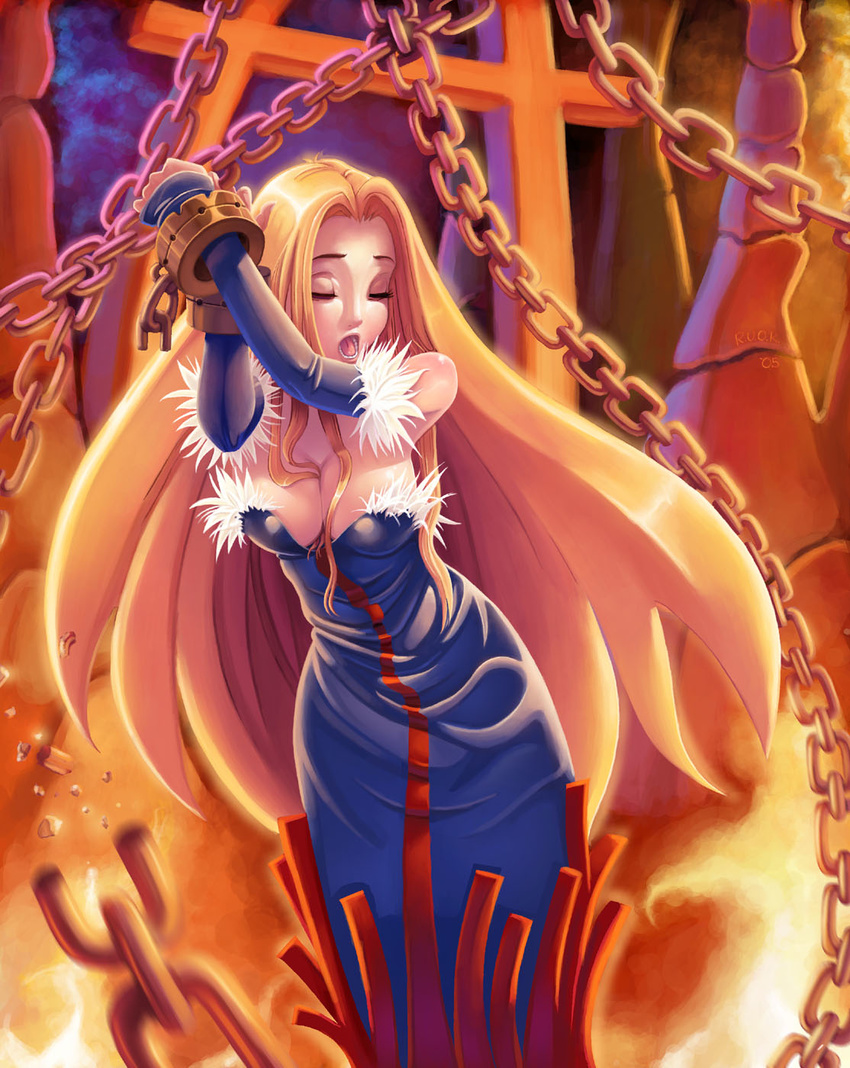 artist_request bdsm blonde_hair bondage bound breasts chain cleavage closed_eyes disgaea elbow_gloves gloves healer_(disgaea) highres large_breasts long_hair makai_senki_disgaea_2 official_art open_mouth solo