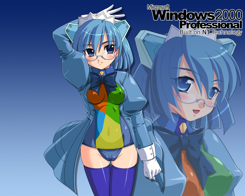 2k-tan arm_at_side arm_up bangs blue_bow blue_eyes blue_hair blue_neckwear blue_swimsuit bow bowtie breasts cameltoe clenched_hand closed_mouth covered_navel covered_nipples cowboy_shot eyebrows_visible_through_hair glasses gloves juliet_sleeves long_sleeves looking_at_viewer medium_breasts multicolored multicolored_clothes multiple_views os-tan puffy_sleeves semi-rimless_eyewear short_hair silver-framed_eyewear smile standing swimsuit swimsuit_under_clothes thick_eyebrows thigh_gap thighhighs under-rim_eyewear upper_body utsugi_tsuguha wallpaper white_gloves