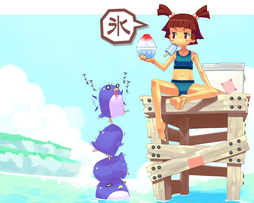 barefoot bikini bird blush_stickers brown_eyes brown_hair cooler feet food ice_cream mouth_hold navel original penguin popsicle ryuuta_(msxtr) shaved_ice short_twintails sitting soles solo swimsuit tankini twintails wallpaper water