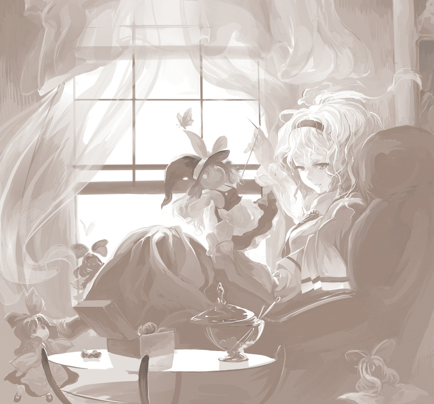 alice_margatroid armchair beige bug butterfly chair character_doll curtains doll hairband highres holding_needle insect kirisame_marisa kyokucho messy_hair monochrome needle sewing shanghai_doll smile solo table touhou