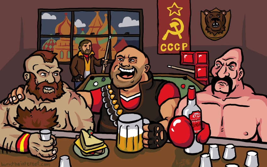 4boys alcohol bar bear beer billiards bottle capcom communism crossover cup grand_theft_auto hammer_and_sickle highres kremlin kyatt l-block mounted_head mug multiple_boys niko_bellic punch-out!! punch_out!! russia sandwich soda_popinski street_fighter team_fortress_2 tetris the_heavy zangief