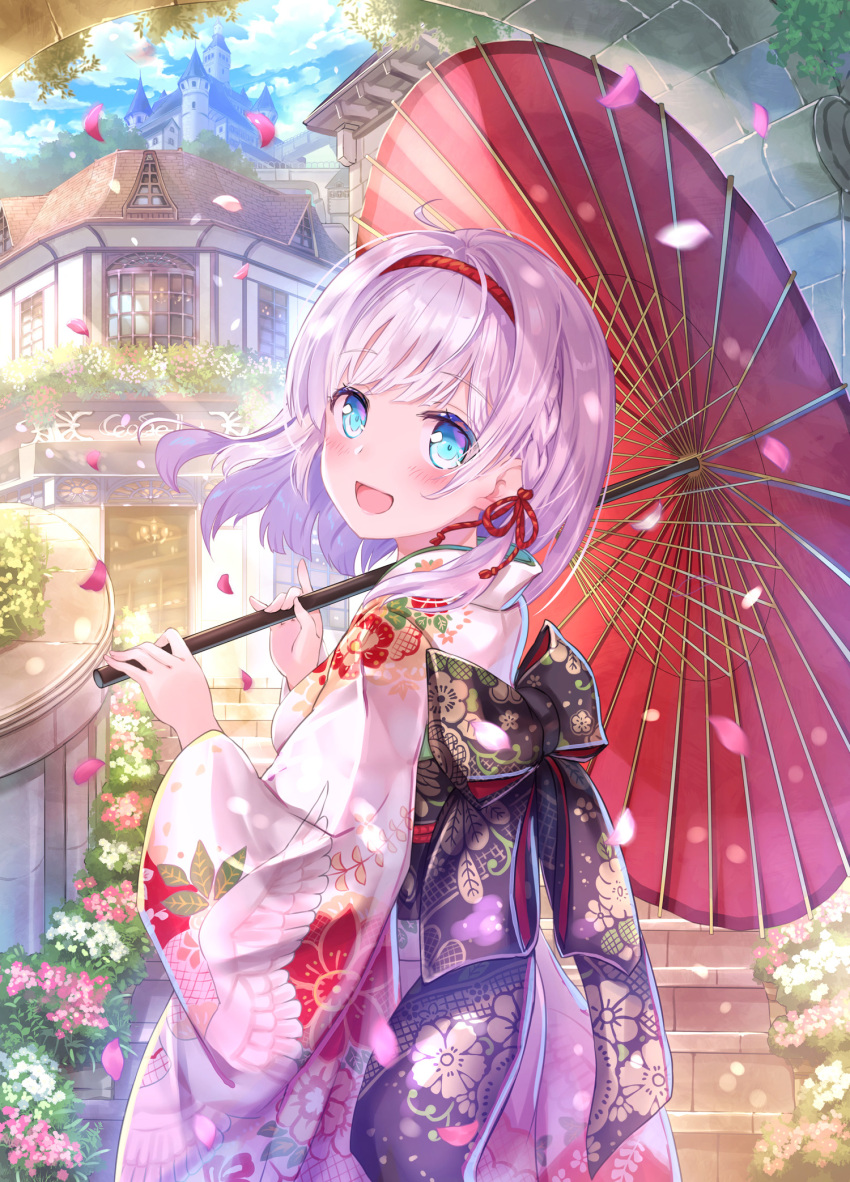 :d ahoge bangs blue_eyes blue_sky blurry blush braid building bush castle cherry_blossoms cloud cloudy_sky commentary_request cowboy_shot day depth_of_field eyebrows_visible_through_hair falling_leaves floating_hair floral_print flower hair_intakes hairband highres holding holding_umbrella japanese_clothes kanipanda kimono leaf light_rays long_hair long_sleeves looking_at_viewer looking_back obi open_mouth oriental_umbrella original outdoors print_kimono sash sidelocks sky smile solo stairs standing tunnel umbrella white_hair white_kimono wide_sleeves window