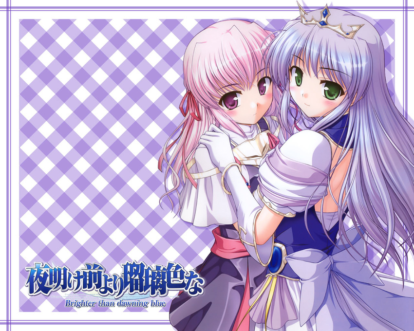 bekkankou blue_hair blush bow bracelet crown dress elbow_gloves estel_freesia feena_fam_earthlight gloves green_eyes hair_ribbon hug jewelry long_hair looking_back multiple_girls pink_hair purple_eyes ribbon smile tiara wallpaper yoake_mae_yori_ruri_iro_na