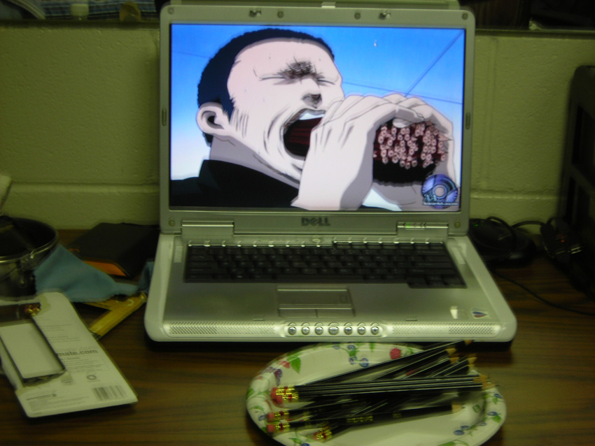 computer dell eating highres laptop lonely no_humans parody pencil photo sakigake!!_cromartie_koukou wooden_pencil