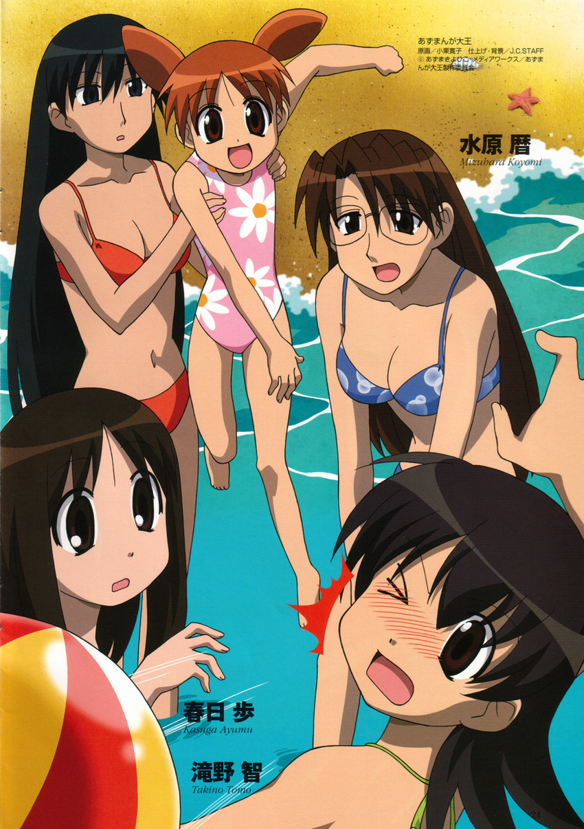 5girls :d :o ;o age_difference azumanga_daiou ball bangs barefoot beach beachball bikini black_eyes black_hair blue_bikini blush breasts brown_eyes brown_hair carrying casual_one-piece_swimsuit character_name child cleavage clenched_hand flat_chest flipped_hair floral_print glasses happy highres kasuga_ayumu large_breasts long_hair medium_breasts mihama_chiyo mizuhara_koyomi multiple_girls navel nose_blush ocean official_art oguri_hiroko one-piece_swimsuit one_eye_closed open_mouth outdoors parted_bangs pink_swimsuit print_bikini print_swimsuit red_bikini rimless_eyewear sakaki scan seashell shell short_twintails smile starfish surprised swimsuit takino_tomo twintails very_long_hair wading water