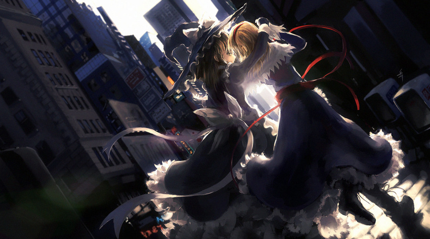 alice_margatroid apron archlich arm_around_neck bad_deviantart_id bad_id bangs black_dress blonde_hair blue_dress boots bow capelet city contemporary dress dutch_angle frills from_behind gloves hat hat_bow holding_hands kirisame_marisa light_smile looking_at_viewer looking_back multiple_girls profile ribbon sash sky touhou waist_apron walking witch_hat yellow_eyes