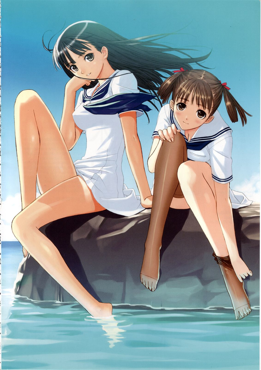 barefoot dress feet highres knees legs long_legs mizushima_asa multiple_girls sailor_dress scan scan_artifacts school_uniform sitting sitting_on_rock soaking_feet sora_no_iro_mizu_no_iro sorayama_natsume tanaka_takayuki thighhighs thighhighs_pull thighs water