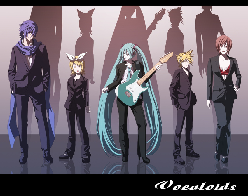 3girls aqua_hair everyone formal ghost_in_the_shell ghost_in_the_shell_lineup ghost_in_the_shell_stand_alone_complex guitar hatsune_miku instrument kagamine_len kagamine_rin kaito lineup meiko multiple_boys multiple_girls pant_suit parody suit tsukumo twintails vocaloid