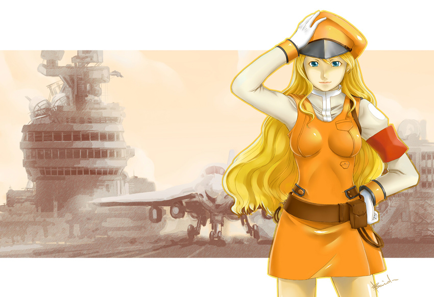 armlet baiola belt belt_pouch blue_eyes closed_mouth cowboy_shot hat highres legs_apart letterboxed lips long_hair looking_at_viewer machinery macross macross_frontier peaked_cap pocket pouch sheryl_nome ship sidelocks simple_background skin_tight smile solo standing watercraft white_background
