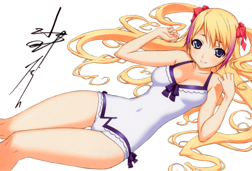 blonde_hair blue_eyes dragonaut highres jacqueline_baumgold long_hair multicolored_hair non-web_source one-piece_swimsuit solo swimsuit twintails two-tone_hair uno_makoto wide_hips