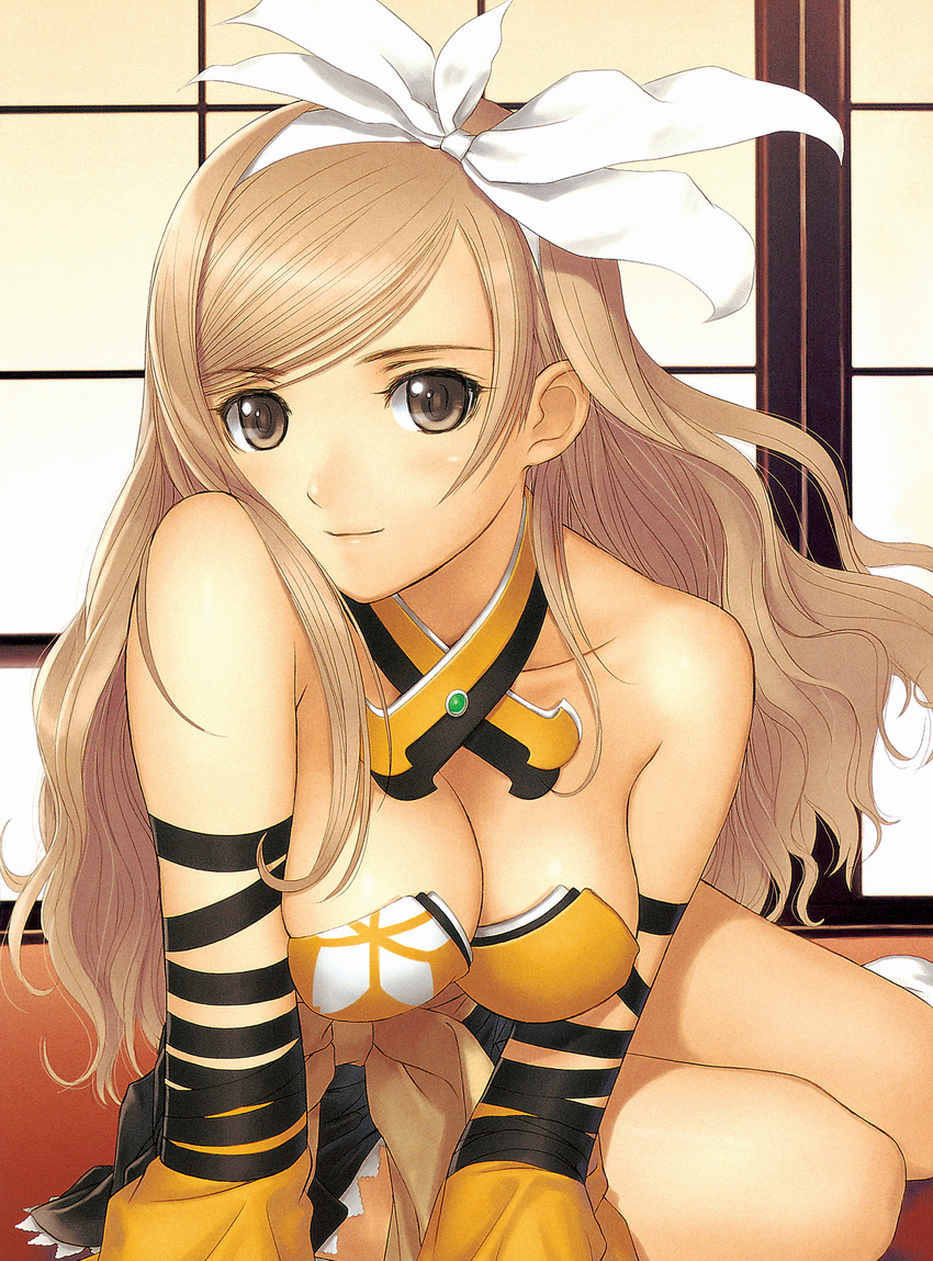 arm_support bangs bare_shoulders breasts brown_eyes brown_hair cleavage collarbone detached_collar detached_sleeves hairband highres light_brown_hair long_hair looking_at_viewer medium_breasts on_floor ribbon sash shining_(series) shining_wind shoulder_tilt sitting sliding_doors smile solo swept_bangs tanaka_takayuki touka_kureha white_legwear white_ribbon yokozuwari