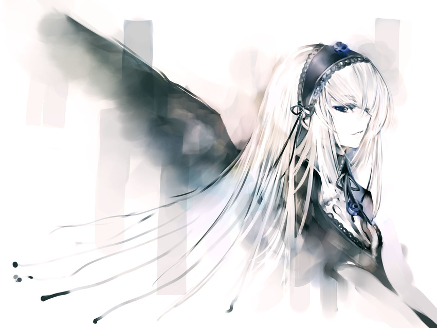 bangs bat_wings dress flower from_side hairband highres kei_(keigarou) lace lace-trimmed_dress long_hair ribbon rose rozen_maiden solo suigintou upper_body very_long_hair wallpaper white_hair white_skin wings