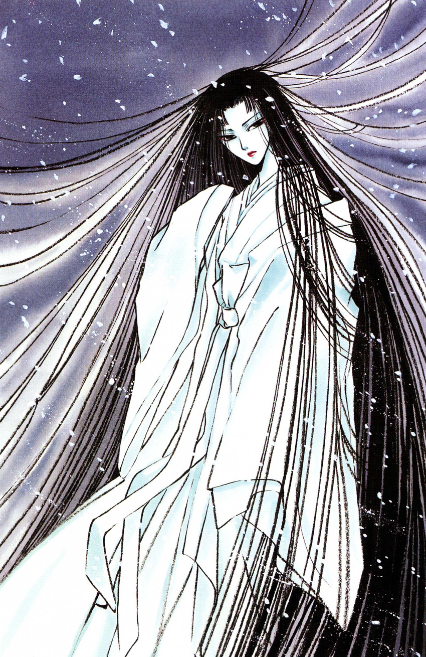absurdly_long_hair absurdres black_hair clamp dress gown highres japanese_clothes kimono lipstick long_hair looking_at_viewer makeup official_art princess shirahime shirahime-shou snow solo very_long_hair white white_kimono white_skin yuki_onna