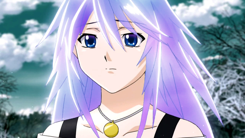 bare_shoulders bare_tree blue_eyes close-up closed_mouth cloud collarbone day expressionless eyebrows_visible_through_hair face green_sky hair_between_eyes jewelry long_hair necklace outdoors pendant pink_hair rosario+vampire screencap shiny shiny_hair shirayuki_mizore sky solo tree