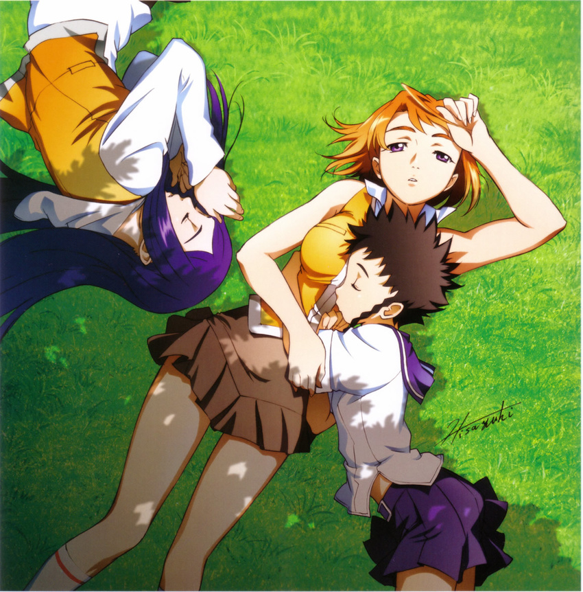 ahoge arm_around_waist arm_grab arm_up bare_shoulders belly_peek black_hair blue_skirt braid breast_pillow breasts buckle clenched_hand closed_eyes cuddling dappled_sunlight day from_above grass grey_skirt hair_spread_out hisayuki_hirokazu hood hood_down hoodie hug kneehighs kuga_natsuki large_breasts lying minagi_mikoto miniskirt multiple_girls my-hime official_art on_back on_ground on_side orange_hair orange_vest outdoors parted_lips pleated_skirt pocket purple_eyes purple_hair scan school_uniform serafuku shade shirt short_hair short_hair_with_long_locks short_sleeves side_braid sidelocks signature skirt sleeping sleeveless spiked_hair sunlight tokiha_mai white_legwear