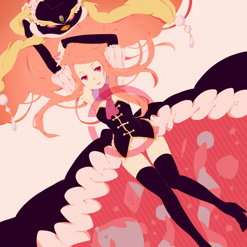 apple armpits arms_up bad_id bad_pixiv_id black_gloves black_legwear book boots bow corset elbow_gloves fingerless_gloves food frills fruit gloves hat high_heel_boots high_heels highres kise_(swimmt) long_hair long_legs lying mawaru_penguindrum on_back open_mouth orange_hair pink_eyes princess_of_the_crystal scarf solo star takakura_himari thigh_boots thighhighs very_long_hair