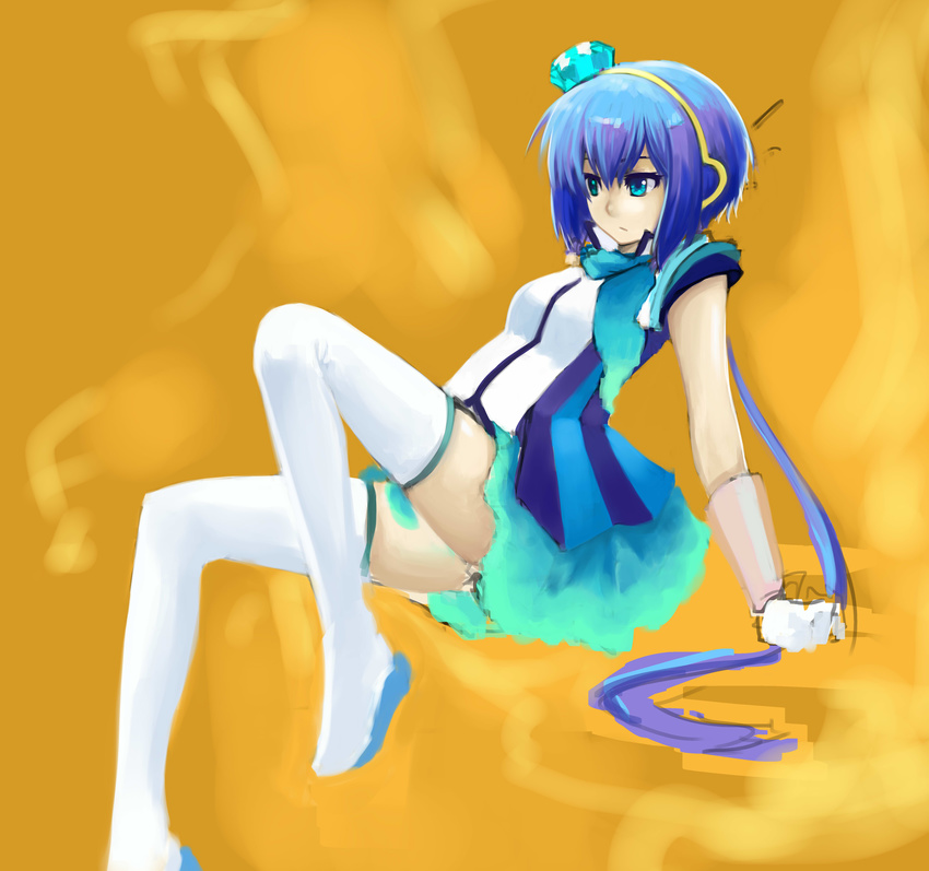 absurdres aoki_lapis blue_eyes blue_hair gloves hair_ornament highres i-style_project leaning_back long_hair long_ponytail pas_(paxiti) ponytail sitting sketch skirt solo thighhighs tourmaline very_long_hair vocaloid white_legwear