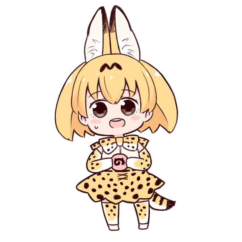 1girl :d animal_ears batta_(ijigen_debris) blush_stickers bow bowtie brown_eyes chibi commentary_request food full_body highres holding japari_bun kemono_friends looking_at_viewer open_mouth orange_hair orange_legwear orange_neckwear orange_skirt round_teeth serval_(kemono_friends) serval_ears serval_print serval_tail simple_background skirt smile solo sweatdrop tail teeth thighhighs white_background