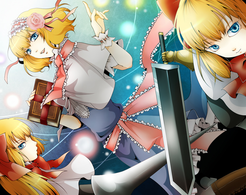 alice_margatroid blonde_hair blue_eyes book capelet doll dress dutch_angle flower grimoire grimoire_of_alice hair_flower hair_ornament hair_ribbon hairband pomeko_(13521433) ribbon rose shanghai_doll short_hair solo string sword touhou weapon wrist_cuffs