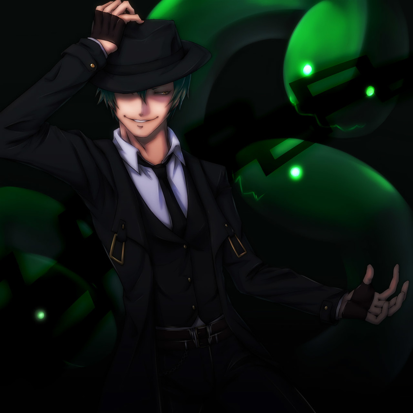 arc_system_works blazblue dark green_hair hat hazama highres male male_focus necktie serpent smile tie yellow_eyes yuuki_terumi