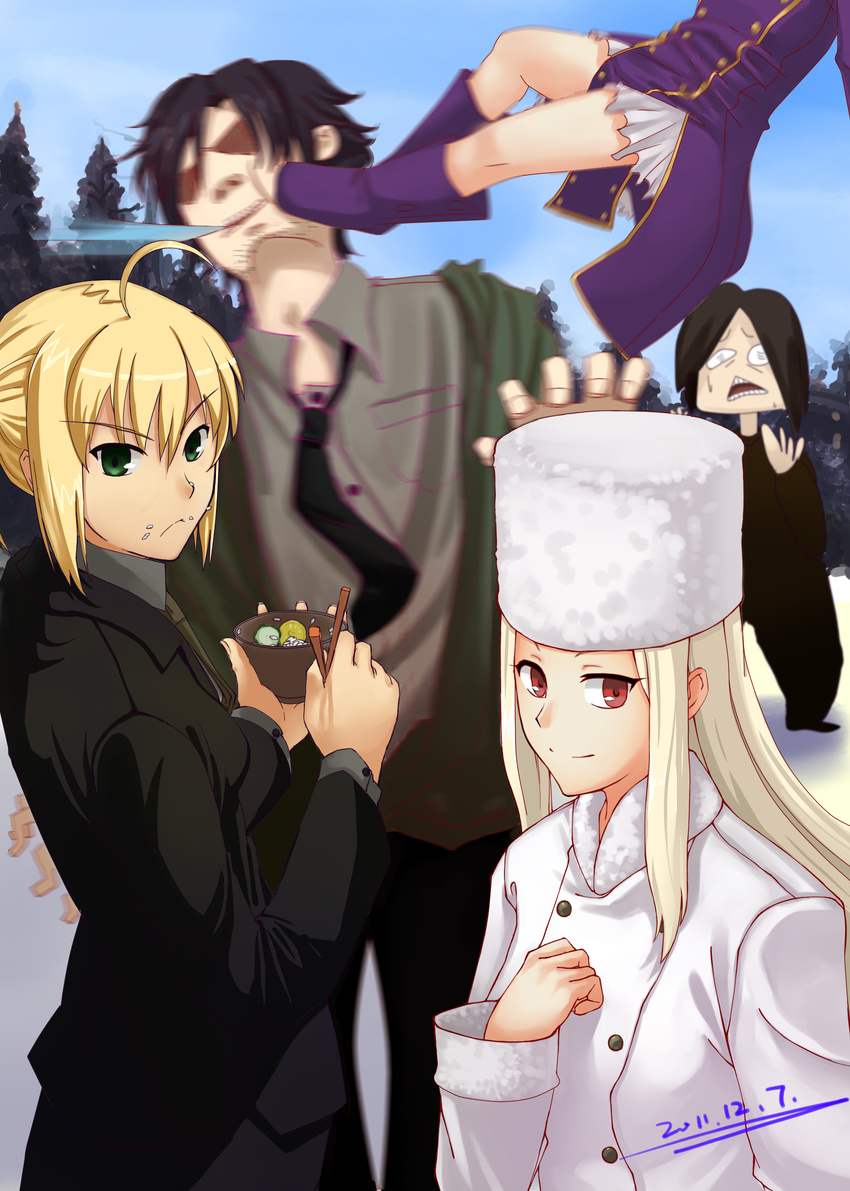 2011 4girls absurdres ahoge artoria_pendragon_(all) bad_id bad_pixiv_id blurry bowl ch3507 chopsticks dated day emiya_kiritsugu family fate/zero fate_(series) father_and_daughter food food_on_face formal fur_hat hat highres hisau_maiya illyasviel_von_einzbern irisviel_von_einzbern kicking long_hair mother_and_daughter multiple_girls ponytail red_eyes rice_bowl saber snow suit white_hair