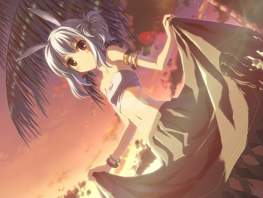 1girl absurdres animal_ears armlet bandeau bare_shoulders blue_hair blush bracelet bunny_ears cloud collarbone dj_max dj_max_portable dutch_angle from_below highres jewelry lens_flare long_skirt lots_of_jewelry midriff navel palm_tree red_eyes skirt skirt_hold sky smile solo strapless suee sunset tree tubetop wallpaper yuuki_tatsuya