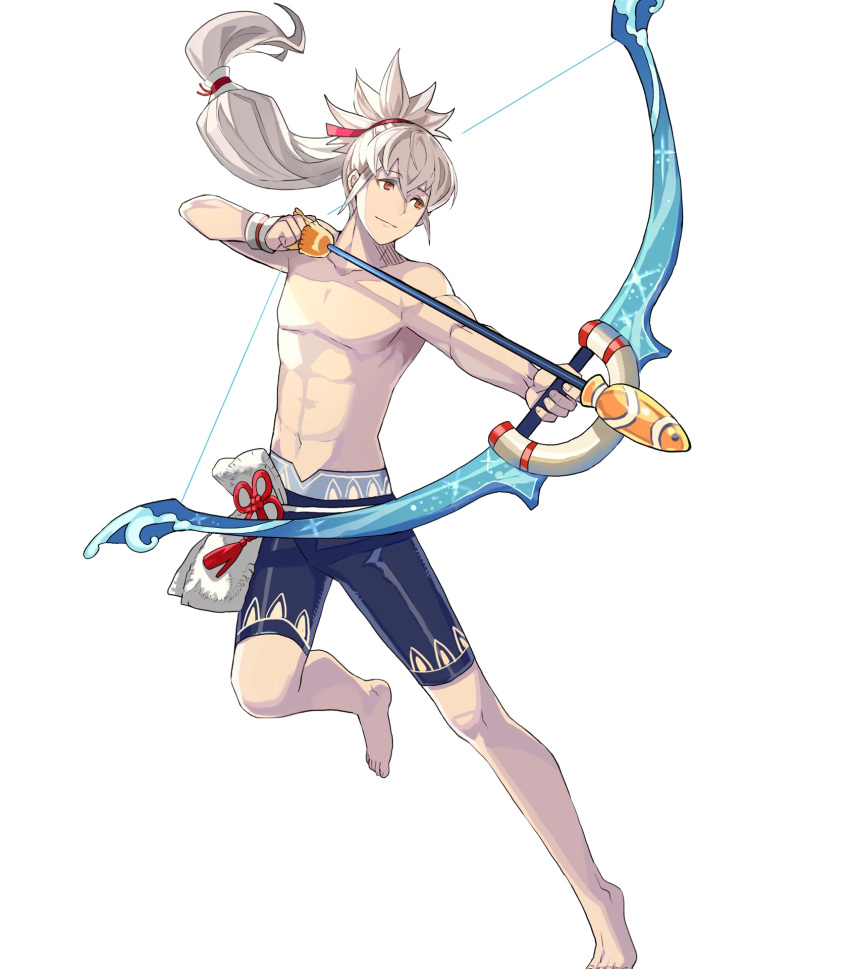 1boy arrow bow_(weapon) fire_emblem fire_emblem_heroes fire_emblem_if full_body fuujin_yumi grey_hair highres long_hair male_focus nintendo official_art open_mouth ponytail simple_background smile solo swimsuit takumi_(fire_emblem_if) tobi_(kotetsu) weapon yumi_(bow)