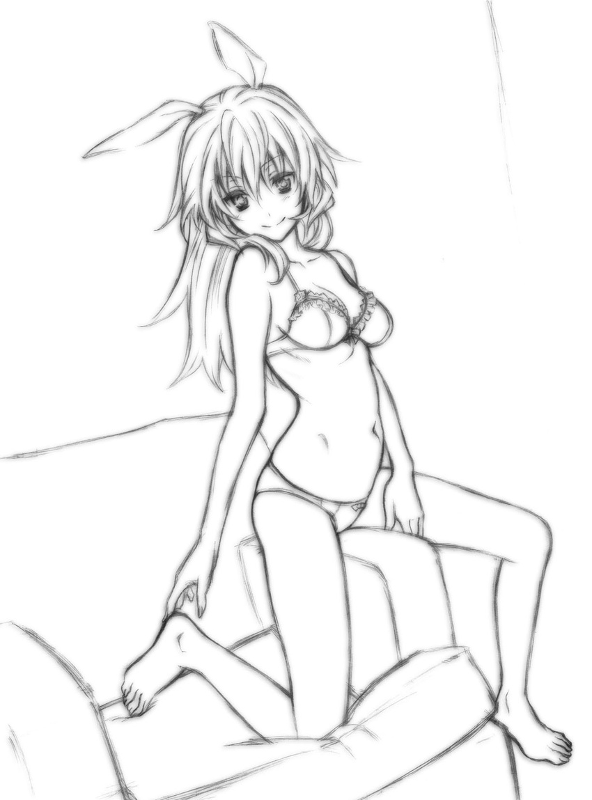 animal_ears bare_legs barefoot bra breasts bunny_ears charlotte_e_yeager cleavage couch derivative_work graphite_(medium) greyscale highres kokutou-kuiuti lingerie long_hair looking_at_viewer mixed_media monochrome navel panties seductive_smile sketch small_breasts smile solo straddling strike_witches traditional_media underwear underwear_only world_witches_series