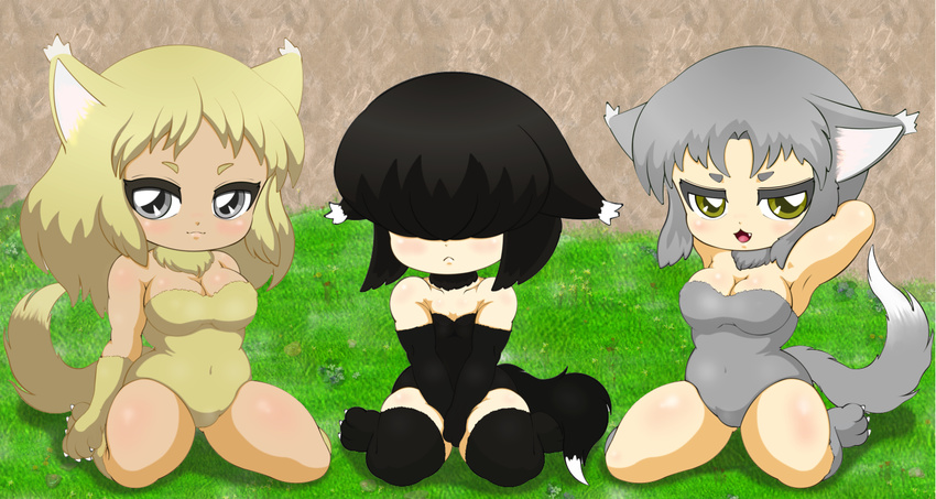 3girls animal_ears blush breasts child cleavage loli lupus multiple_girls naughty_face smile tail wolfkaiser