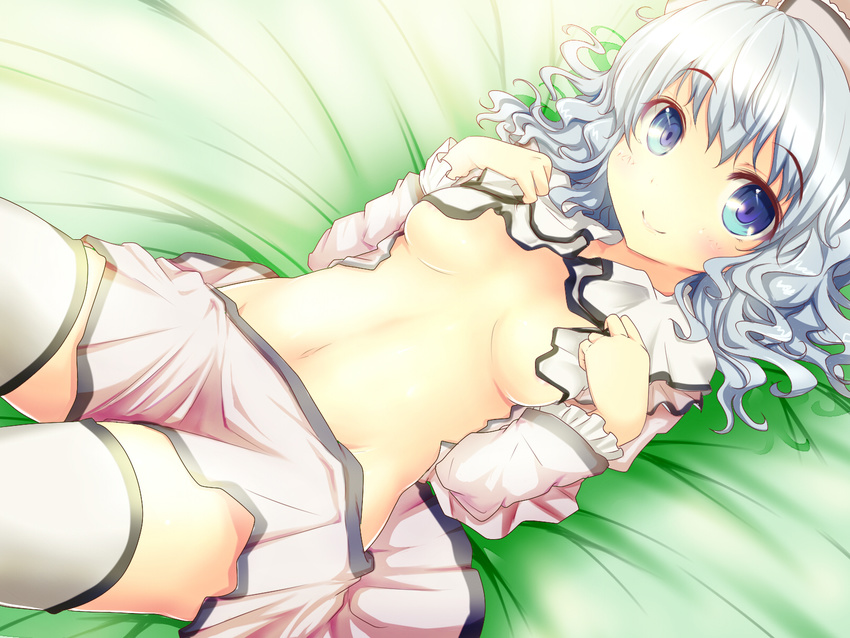 areola_slip areolae blue_eyes blush breasts fukunaga_kazuhiro groin hat highres looking_at_viewer lying merlin_prismriver midriff navel no_bra on_back open_clothes open_shirt shirt shirt_lift silver_hair skirt skirt_pull small_breasts solo thighhighs touhou underboob undressing wallpaper wavy_hair white_legwear zettai_ryouiki