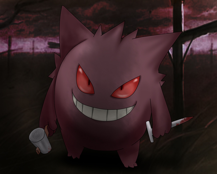 creature cross gen_1_pokemon gengar ghost grave graveyard grin hammer holding looking_at_viewer monster murumuru_(partisan) nail no_humans pokemon pokemon_(creature) red_eyes smile solo standing