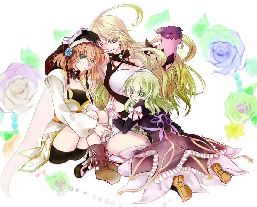 bike_shorts blonde_hair blue_flower blue_rose boots bow brown_hair creature detached_collar dress elize_lutus flower green_eyes green_flower green_rose hairband hand_on_head kneeling koougi leia_rolando long_hair milla_maxwell multicolored multicolored_rose multiple_girls purple_flower purple_rose red_eyes ribbon rose shirt short_hair sitting smile strapless tales_of_(series) tales_of_xillia taut_clothes taut_shirt teepo_(tales) tubetop