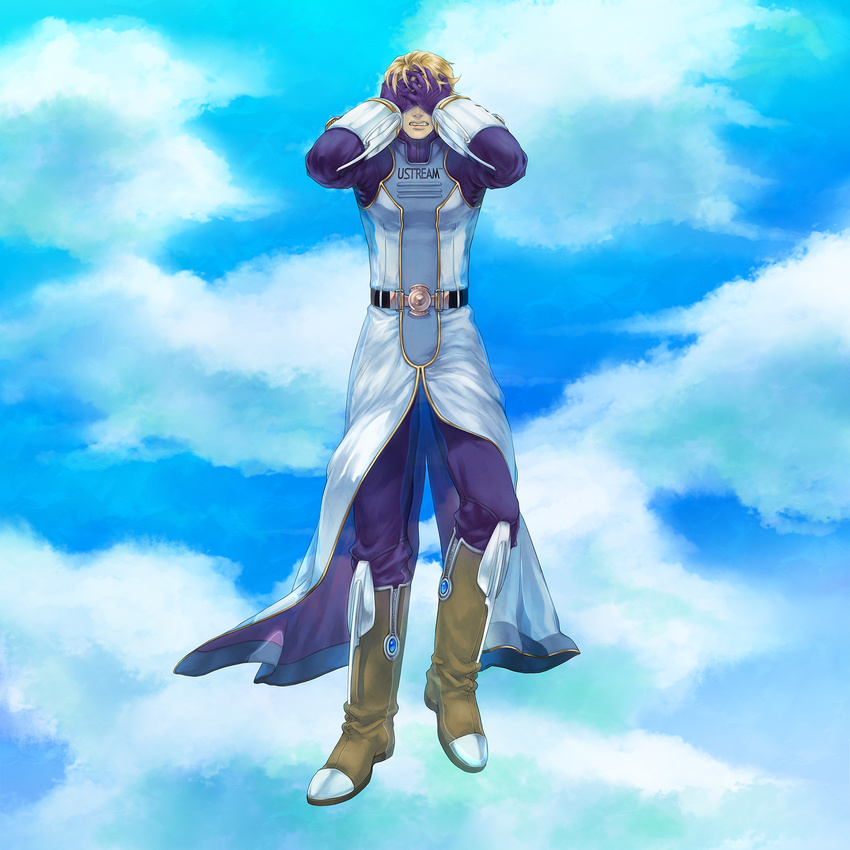 bad_id bad_pixiv_id blonde_hair blue_eyes boots covering_face epaulettes floating helmet highres keith_goodman male_focus neopara power_suit sky sky_high solo superhero tears tiger_&amp;_bunny