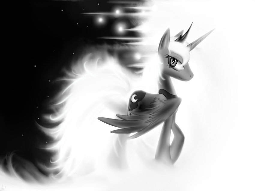 alicorn black_and_white crown cutie_mark equine female feral friendship_is_magic greyscale hair hi_res horn horse long_hair looking_at_viewer mammal monochrome my_little_pony pegacorn pony princess_luna_(mlp) rofldoctor smile solo tail winged_unicorn wings