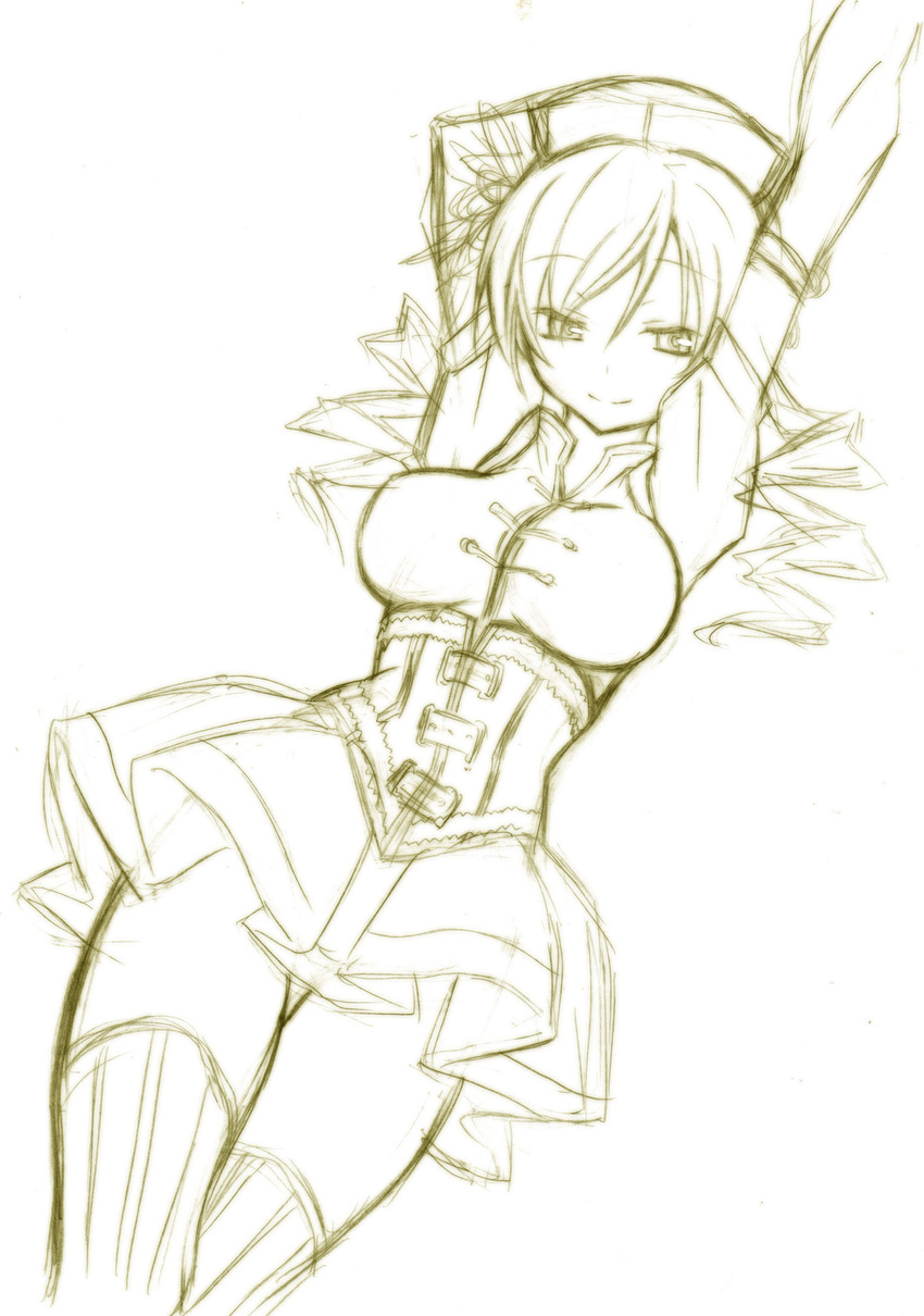 arms_up breasts corset cowboy_shot detached_sleeves drill_hair graphite_(medium) hat highres kokutou-kuiuti large_breasts magical_girl mahou_shoujo_madoka_magica mixed_media monochrome sketch skirt smile solo stretch thighhighs thighs tomoe_mami traditional_media twin_drills twintails yellow zettai_ryouiki