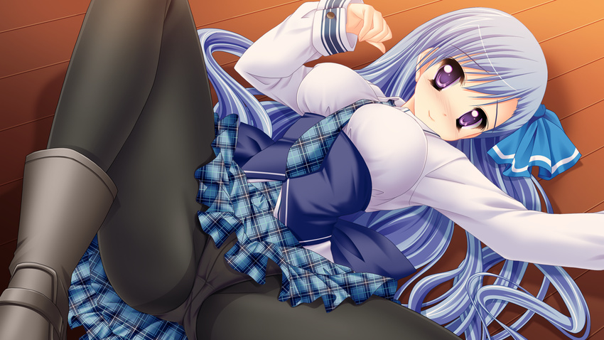 blue_hair blush game_cg ima_mo_itsuka_mo_faruna_runa kamiya_tomoe long_hair mitsuki_aimi panties pantyhose purple_eyes seifuku underwear