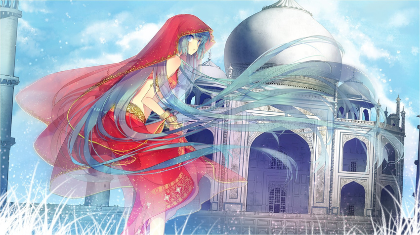 aqua_eyes aqua_hair barefoot bracelet cloud day dome dutch_angle hatsune_miku highres india indian indian_clothes jewelry landmark long_hair midriff nicohi sari see-through skirt skirt_lift sky solo taj_mahal veil very_long_hair vocaloid