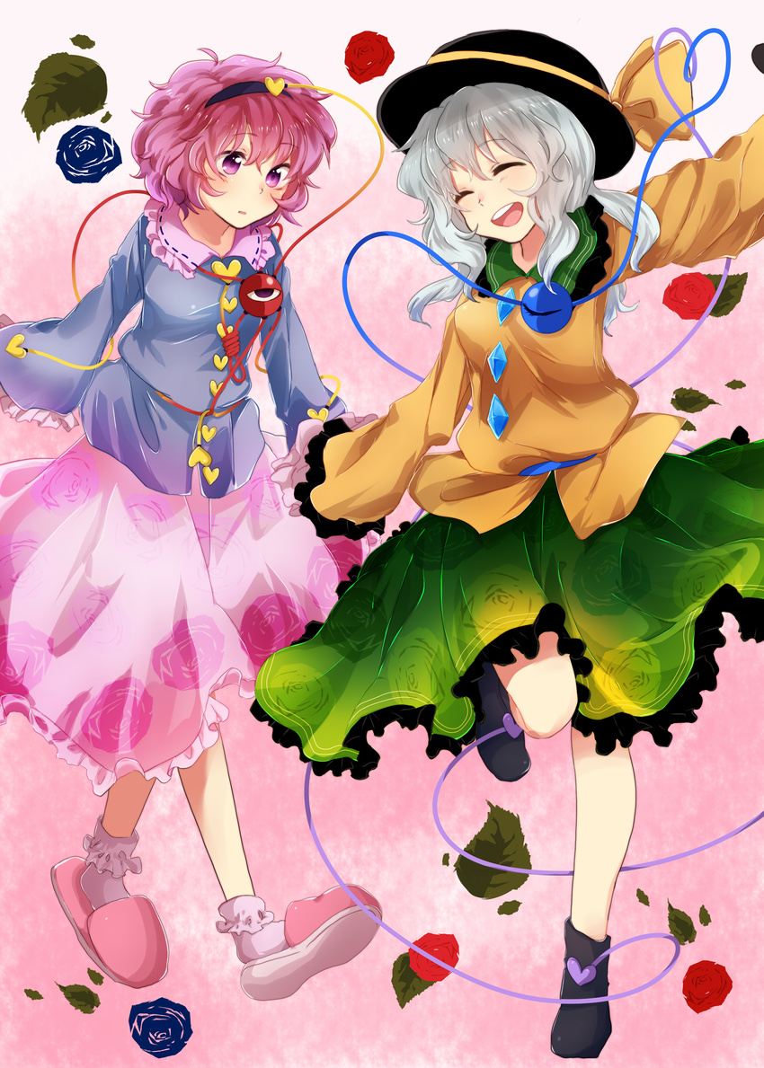 absurdres bad_id bad_pixiv_id bobby_socks closed_eyes eyeball hairband hat heart heart_of_string highres holding_hands komeiji_koishi komeiji_satori multiple_girls onyuuuu pink_eyes pink_hair pink_skirt short_hair siblings silver_hair sisters skirt slippers smile socks touhou walking