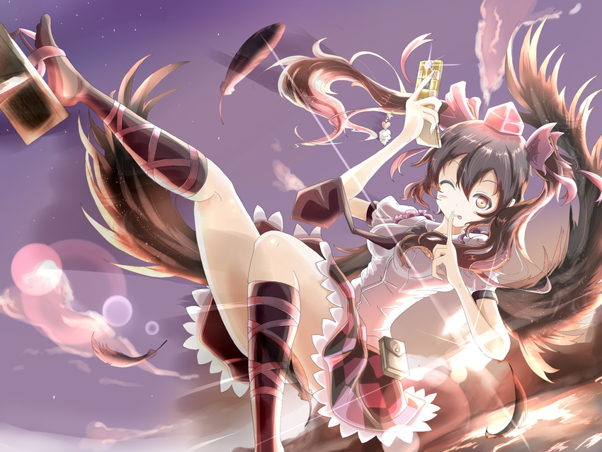 bad_hands bad_proportions black_hair bow breasts cellphone dress_shirt feathers finger_to_mouth geta hair_bow highres himekaidou_hatate kuroneko_(fragrant_olive) lens_flare necktie one_eye_closed phone red_eyes sandals shirt skin_tight skirt small_breasts socks solo sunset tengu-geta thighs tongue touhou twintails wings