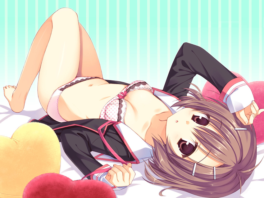 bare_legs barefoot bow bow_bra bra breasts brown_eyes brown_hair cleavage hair_ornament hairclip hattori_aya highres koiiro_soramoyou lace lace-trimmed_bra lace-trimmed_panties lingerie lying muririn navel on_back open_clothes open_shirt panties pink_bra pink_panties polka_dot polka_dot_bra polka_dot_panties ribbon school_uniform shirt short_hair sleeves_past_wrists small_breasts solo striped striped_background underwear wallpaper