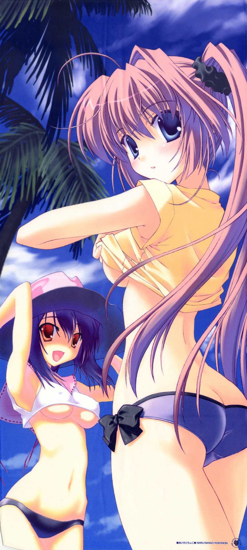 :d :o absurdres ahoge ass bikini blue_eyes blue_hair blush breasts butt_crack cloud covered_nipples crop_top day from_behind hat highres image_sample kokonobi long_hair long_image looking_at_viewer looking_back medium_breasts midriff multiple_girls nanao_naru open_mouth original palm_tree pink_hair red_eyes replaceme sailor_collar scan side_ponytail sky smile stick_poster swimsuit tall_image tree underboob undressing very_long_hair yandere_sample