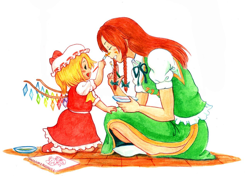 acrylic_paint_(medium) blonde_hair braid brush child chinese_clothes colored_pencil_(medium) drawing face_painting flandre_scarlet grin hong_meiling kneeling long_hair mixed_media multiple_girls no_hat no_headwear paint profile red_hair short_hair side_slit sitting smile terrajin touhou traditional_media twin_braids wings