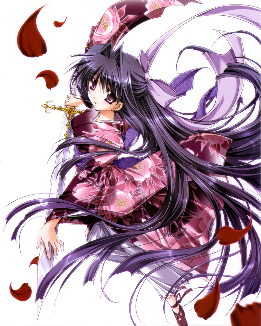 :o absurdres bow copyright_request floral_print foreshortening from_above hair_bow highres japanese_clothes kimono long_hair open_mouth petals purple_eyes purple_hair ryuuga_shou shoes solo sword very_long_hair weapon