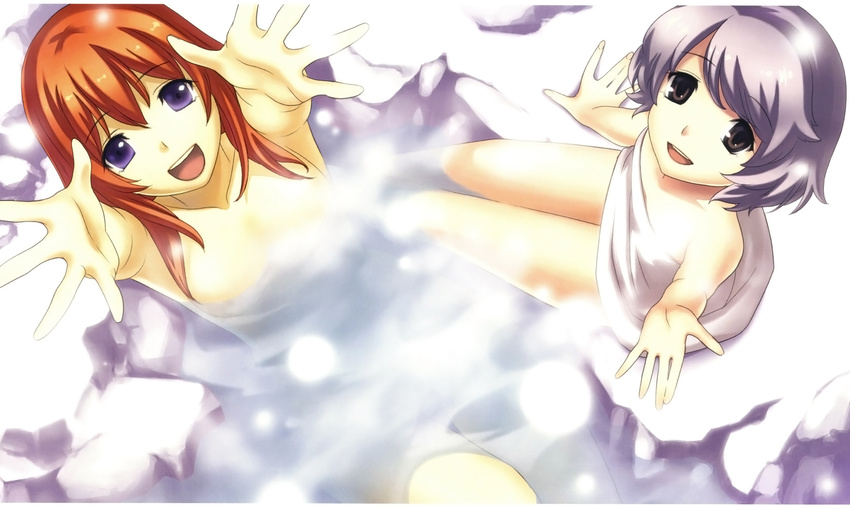 bathing blue_eyes brown_eyes cross_edge hands highres hirano_katsuyuki long_hair looking_at_viewer may_(cross_edge) meu_(spectral_souls) multiple_girls onsen reaching red_hair short_hair sitting spectral_(series) spectral_souls towel water