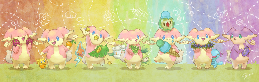 audino cottonee flower food fruit gen_2_pokemon gen_4_pokemon gen_5_pokemon grapes highres ice_cream joltik no_humans odd_one_out orange petilil pokemon pokemon_(creature) rainbow rainbow_background rotom shiny_pokemon solosis starfruit wooper yorujisa_yuuto