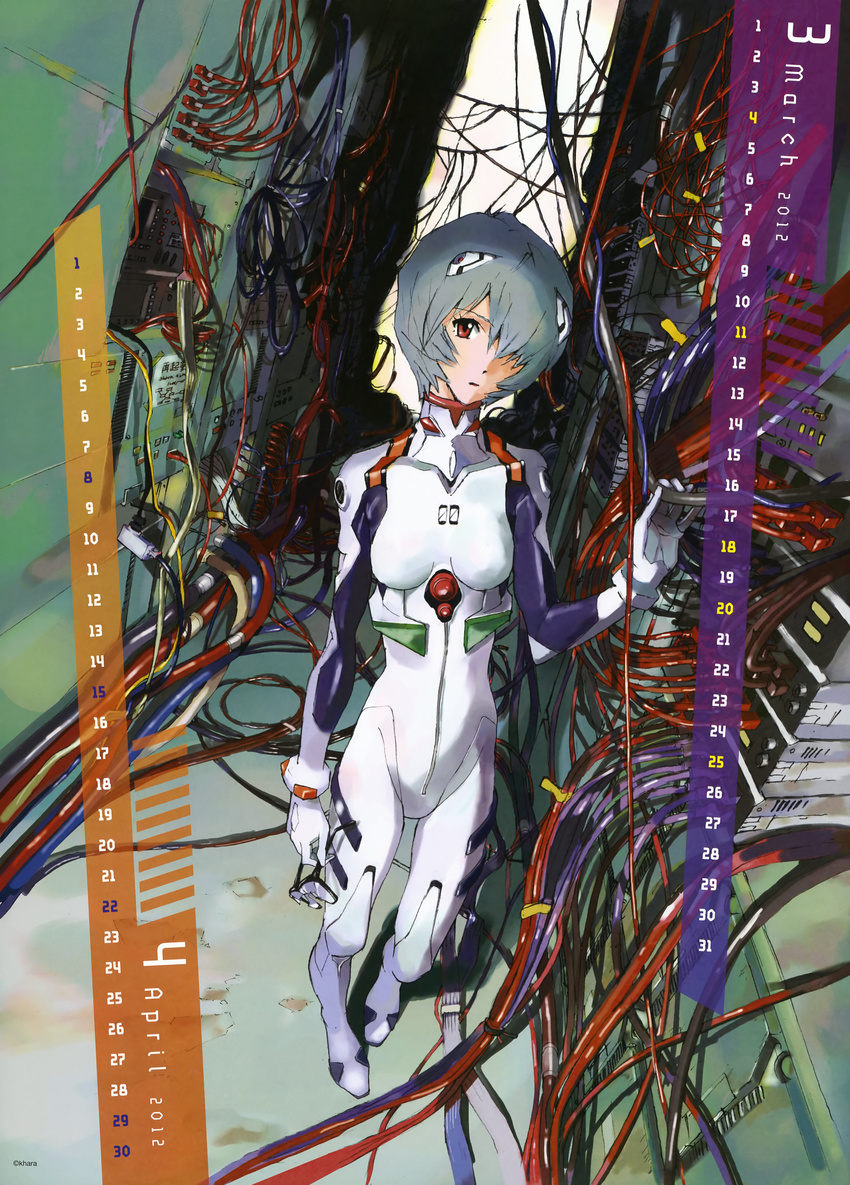 2012 absurdres ayanami_rei blue_hair bodysuit broken_eyewear cable calendar_(medium) dutch_angle foreshortening glasses hair_over_one_eye highres holding holding_eyewear honda_takeshi neon_genesis_evangelion plugsuit rebuild_of_evangelion red_eyes short_hair solo white_bodysuit