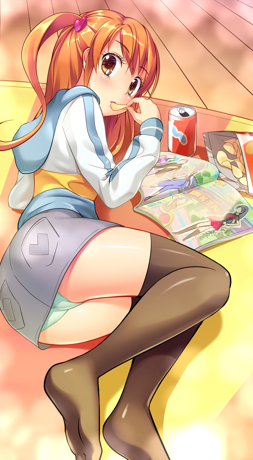 amamiya_rizumu ass blush brown_eyes can chips eating food from_behind futago_monad green_panties hair_ornament heart heart_hair_ornament highres hood hoodie long_hair looking_back lying magazine on_side one_side_up orange_hair panties pantyshot pantyshot_(lying) potato_chips pretty_(series) pretty_rhythm pretty_rhythm_aurora_dream skirt soda_can solo thighhighs underwear