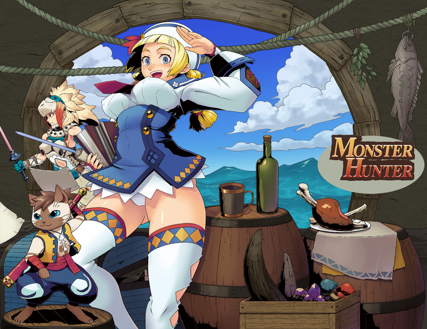 barioth_(armor) blonde_hair blue_eyes bouncing_breasts breasts covered_nipples dixie_cup_hat felyne food hat highres large_breasts legs meat military_hat monster_hunter monster_hunter_3_g multiple_girls panties pantyshot quest_receptionist_(monster_hunter_3_ultimate) salute smile spread_legs sword thick_thighs thighhighs thighs torashiro_eiji underwear weapon white_legwear white_panties